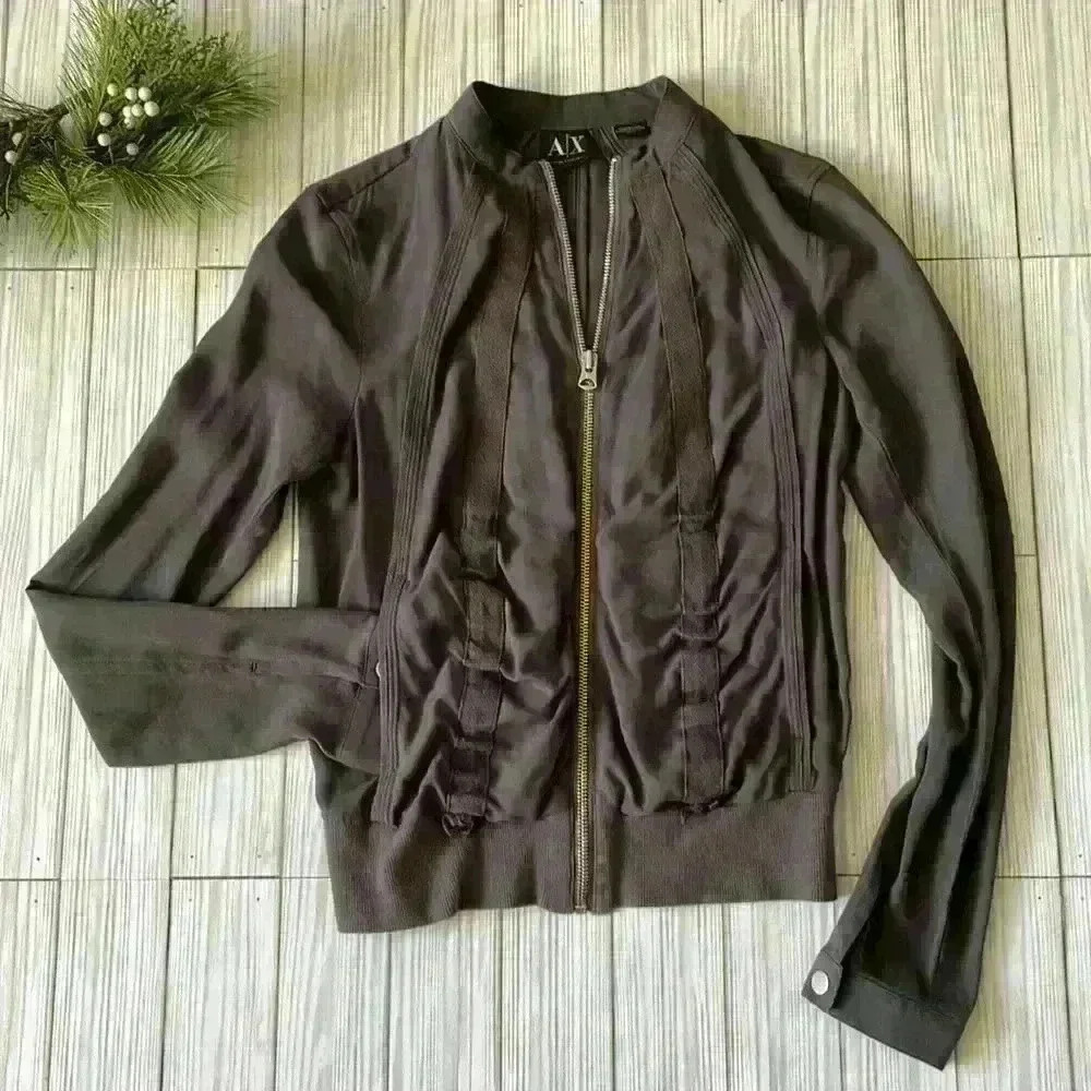 Armani Exchange zip front ruched bomber style jacket
